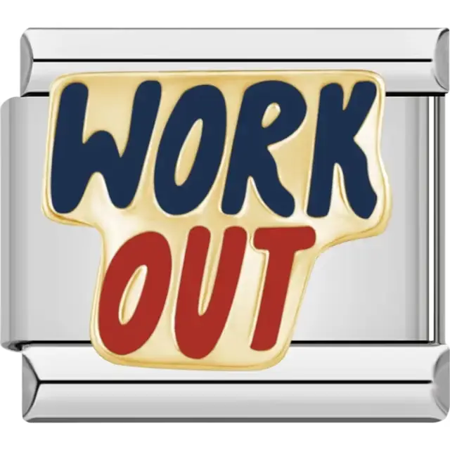"WORK OUT" text in bold blue and red with a gold outline Italian charm bracelet link
