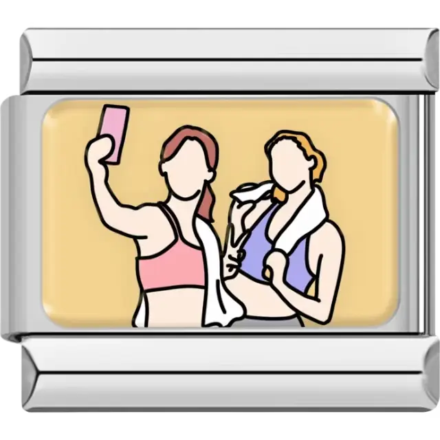 Two friends taking a selfie after a workout on a yellow background Italian charm bracelet link
