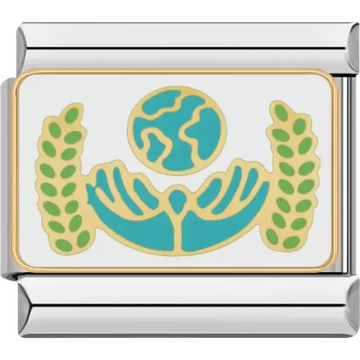 Blue and gold globe with hands wheat branches on white background Italian charm bracelet link