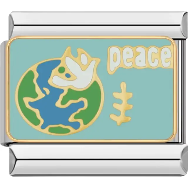 Blue and green globe with white dove gold branch and "PEACE" text on light blue background Italian charm bracelet link