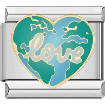Heart-shaped world map with “Love” text Italian charm bracelet link