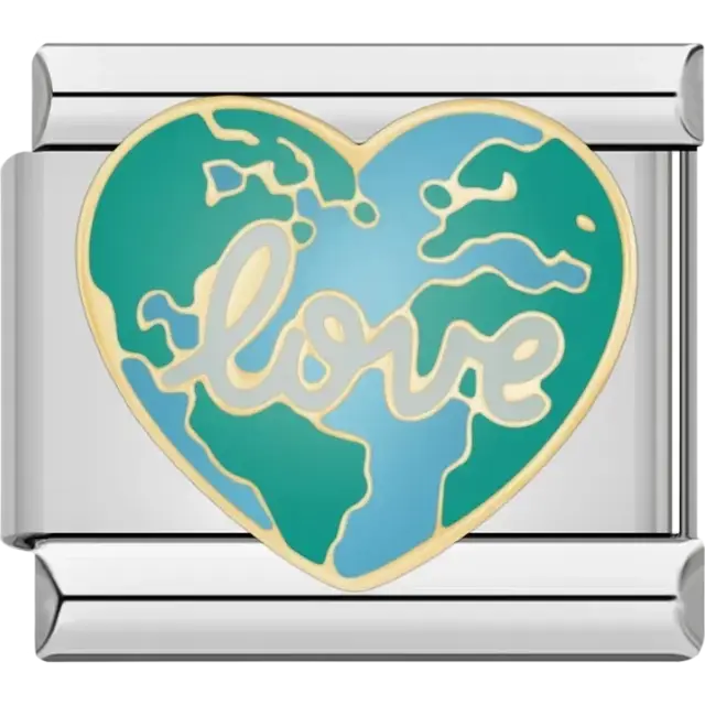 Heart-shaped world map with “Love” text Italian charm bracelet link