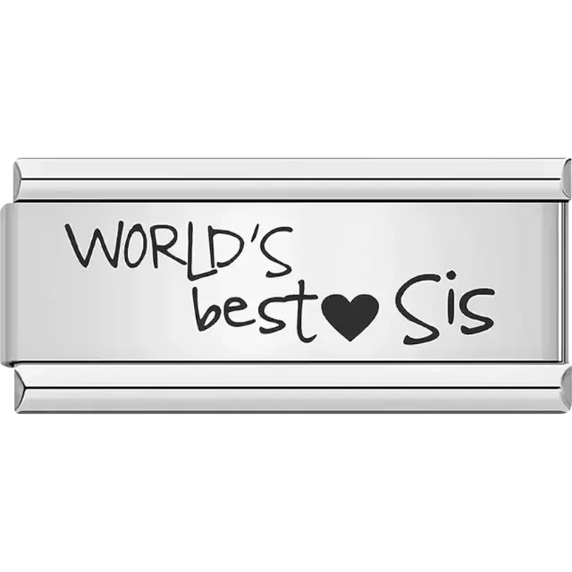 Black text "WORLD'S best ♥ Sis" with heart symbol Italian charm bracelet link