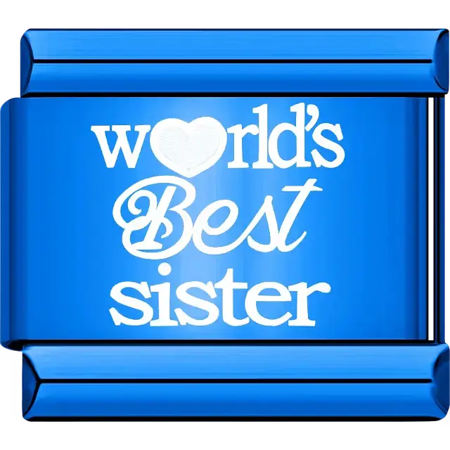 White text with heart symbol spelling "World’s Best Sister" Italian charm bracelet link