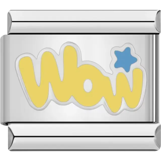 Yellow "Wow" text with a blue star accent on a silver background Italian charm bracelet link