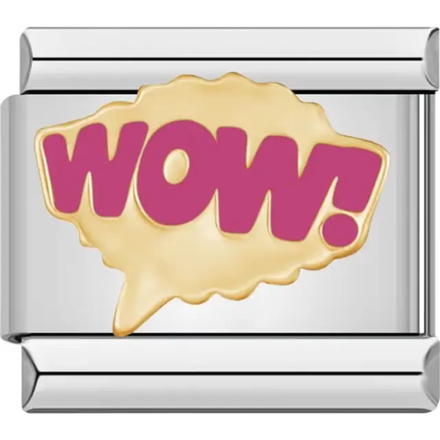 "WOW!" text in bold pink lettering inside a gold speech bubble design Italian charm bracelet link