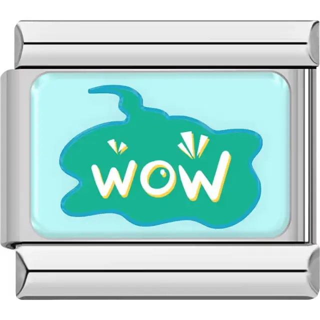 Green "WOW" text expression Italian charm bracelet link