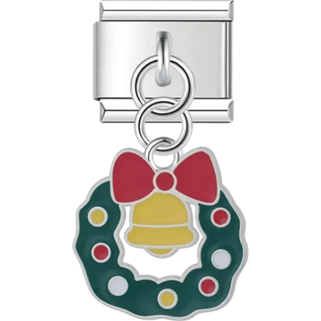 Green wreath with yellow bell red bow and colorful ornaments on dangle Italian charm bracelet link