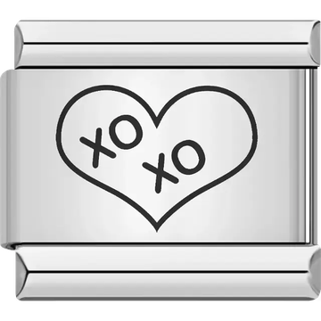 Black "XO XO" text inside a heart outline Italian charm bracelet link