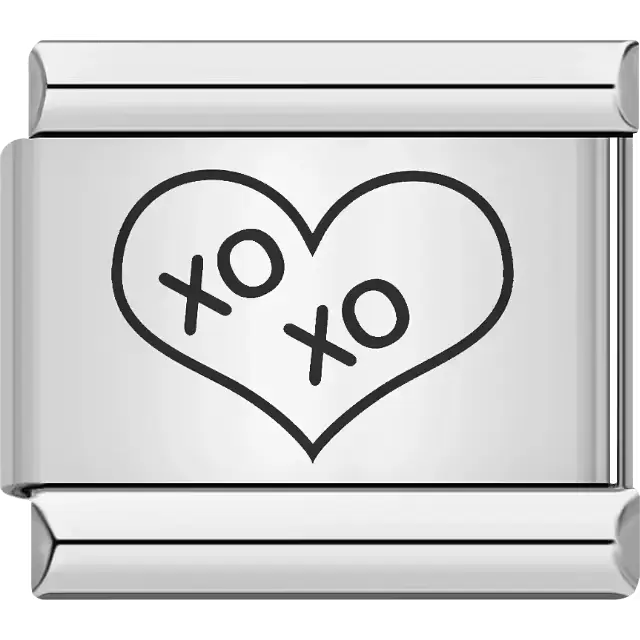 Black "XO XO" text inside a heart outline Italian charm bracelet link