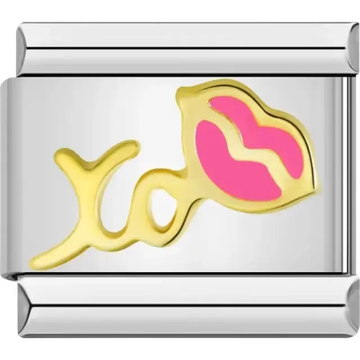 Gold "XO" design with pink lips detail Italian charm bracelet link