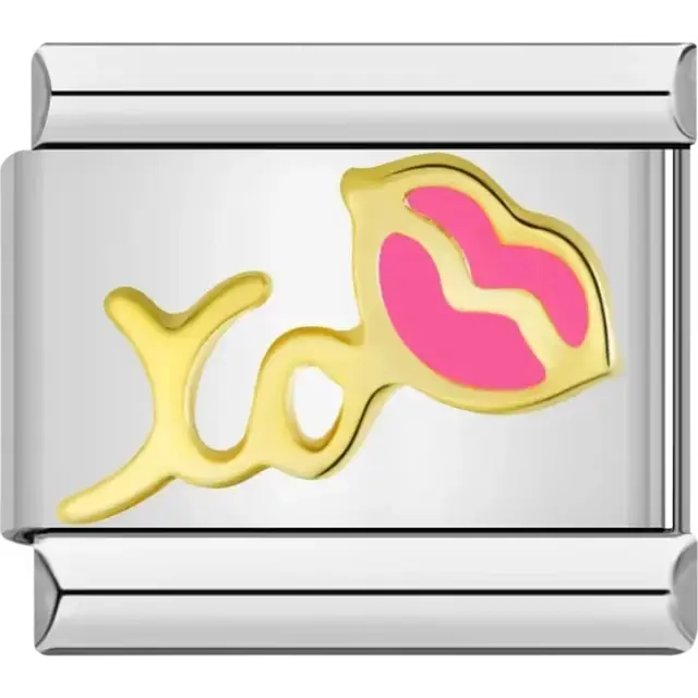 Gold "XO" design with pink lips detail Italian charm bracelet link