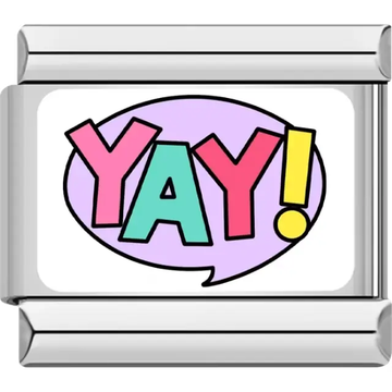 Multicolor "YAY!" text in a purple speech bubble Italian charm bracelet link