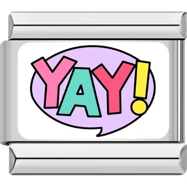 Multicolor "YAY!" text in a purple speech bubble Italian charm bracelet link