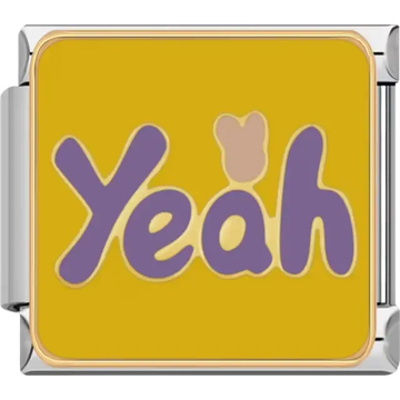 Purple "Yeah" text with a beige heart detail on a yellow background Italian charm bracelet link