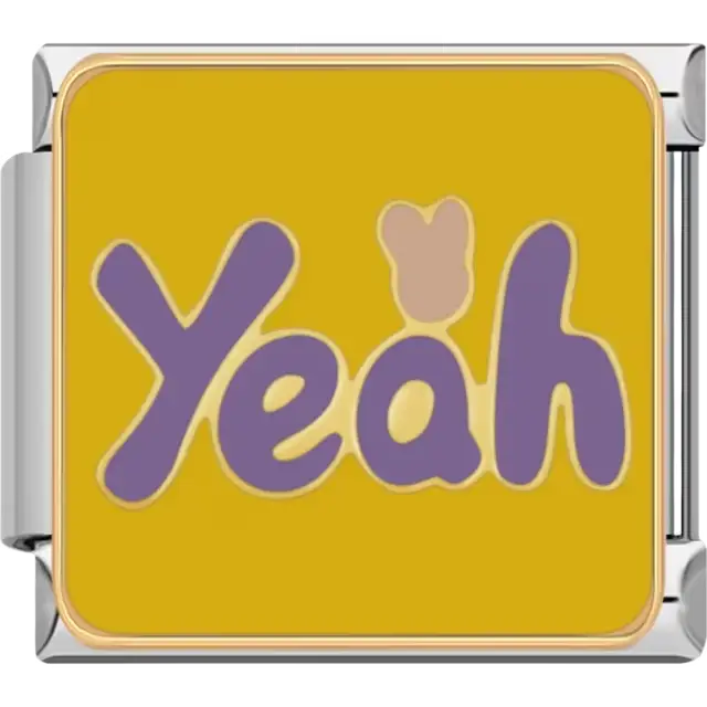 Purple "Yeah" text with a beige heart detail on a yellow background Italian charm bracelet link