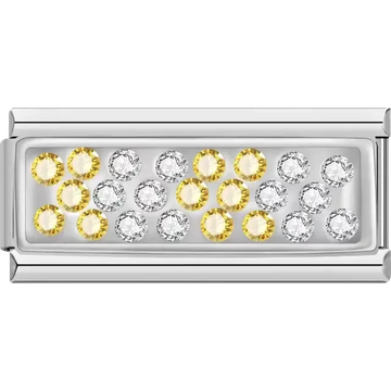 Horizontal strip design with alternating yellow and white crystals Italian charm bracelet link