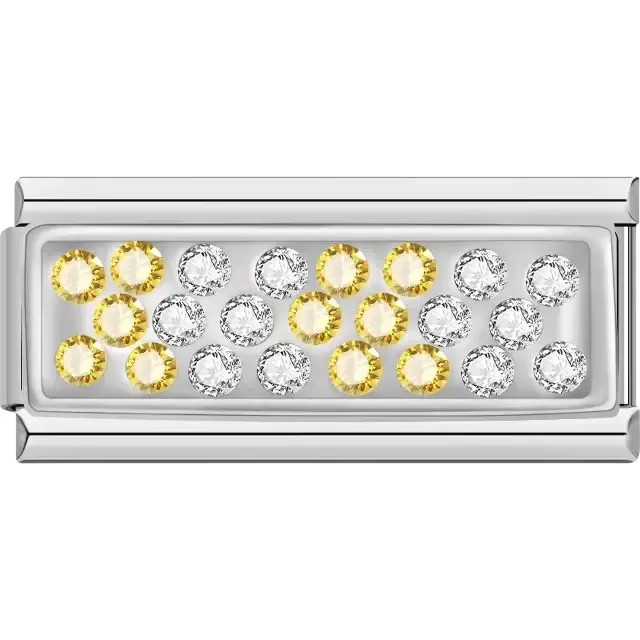 Horizontal strip design with alternating yellow and white crystals Italian charm bracelet link