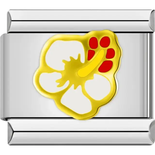 Yellow and white hibiscus flower with red and yellow accents Italian charm bracelet link