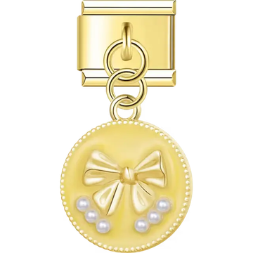 Round gold trim charm with raised bow textured yellow enamel and pearl accents Italian charm bracelet link