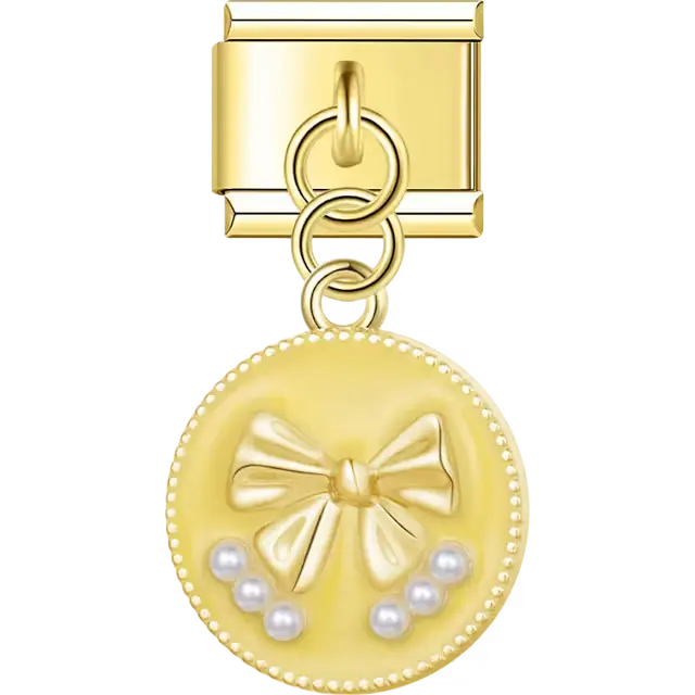 Round gold trim charm with raised bow textured yellow enamel and pearl accents Italian charm bracelet link