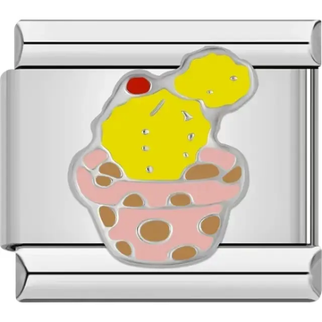 Yellow cactus with a red flower in a pink and brown polka-dotted pot Italian charm bracelet link