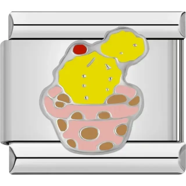 Yellow cactus with a red flower in a pink and brown polka-dotted pot Italian charm bracelet link