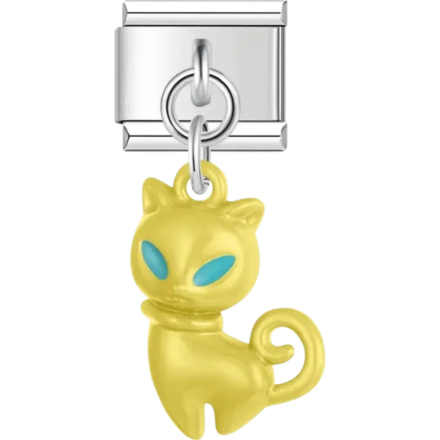 Yellow cat with teal eyes dangle pendant Italian charm bracelet link