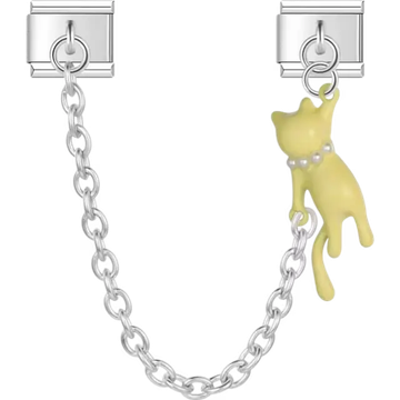 Yellow cat dangle design with silver safety chain and pearl collar accent Italian charm bracelet link