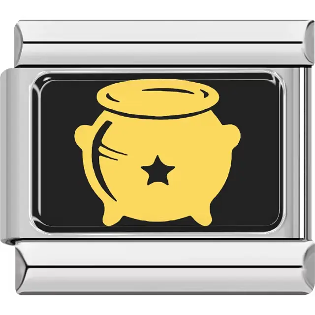 Yellow cauldron with star detail on black rectangular background Italian charm bracelet link