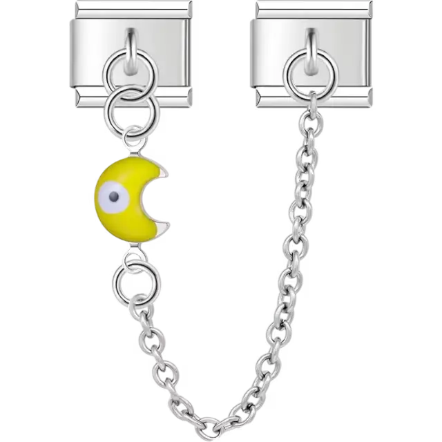 Yellow crescent moon with a white and black evil eye connected by a safety chain Italian charm bracelet link