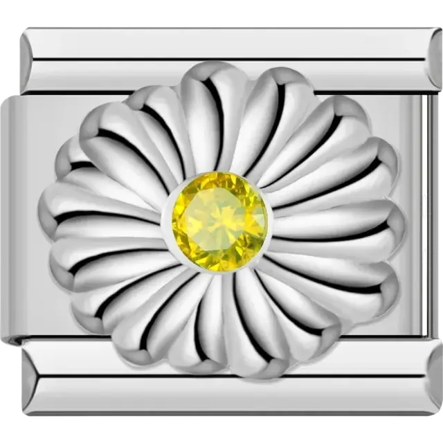 Silver-tone flower with yellow crystal center Italian charm bracelet link