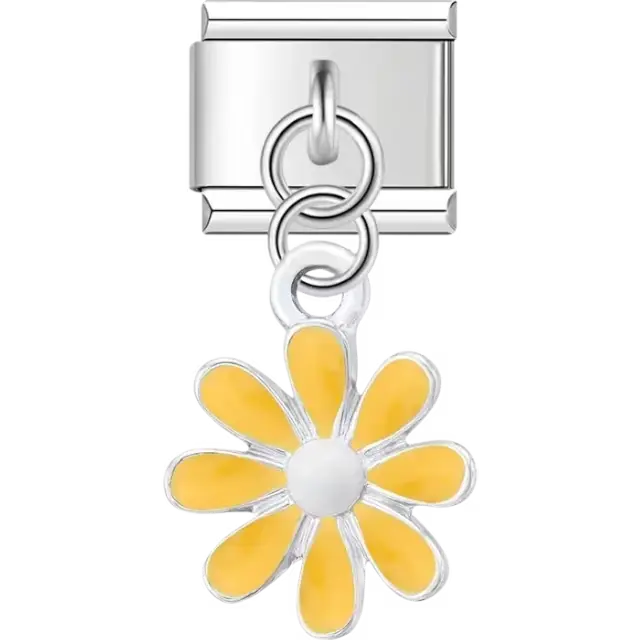 Yellow daisy flower with eight petals and a white center dangle Italian charm bracelet link