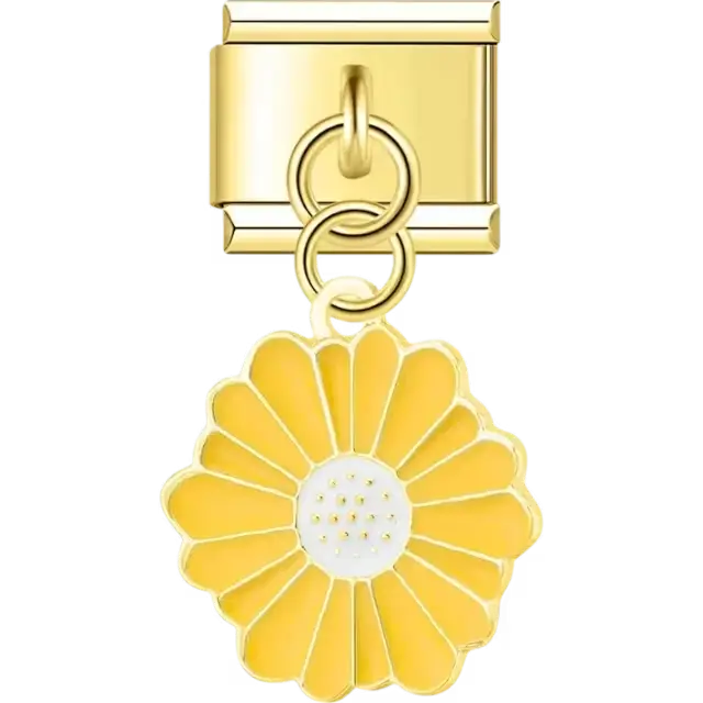 Yellow daisy flower with petals and detailed center dangle Italian charm bracelet link