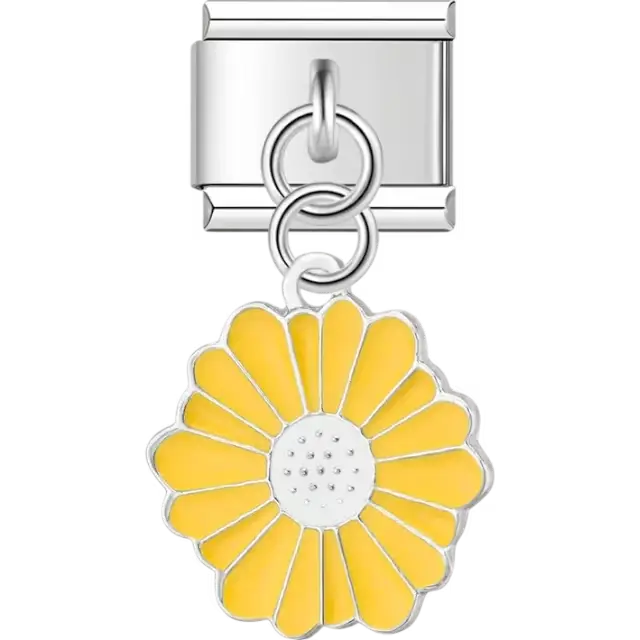 Yellow daisy flower with petals and detailed center dangle Italian charm bracelet link