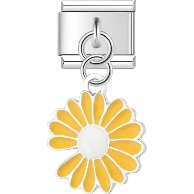 Yellow daisy flower with petals and white center dangle Italian charm bracelet link