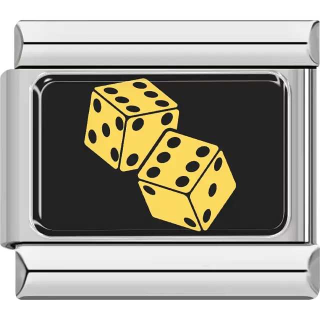 Pair of yellow dice with black dots on black rectangular background Italian charm bracelet link