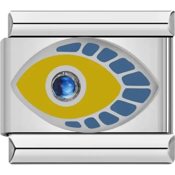 Yellow and blue evil eye with a blue crystal center Italian charm bracelet link