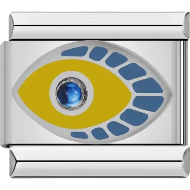 Yellow and blue evil eye with a blue crystal center Italian charm bracelet link