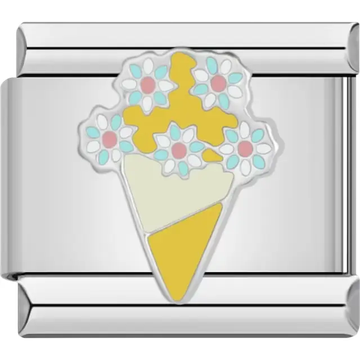 Yellow cone with white daisies and blue accents Italian charm bracelet link