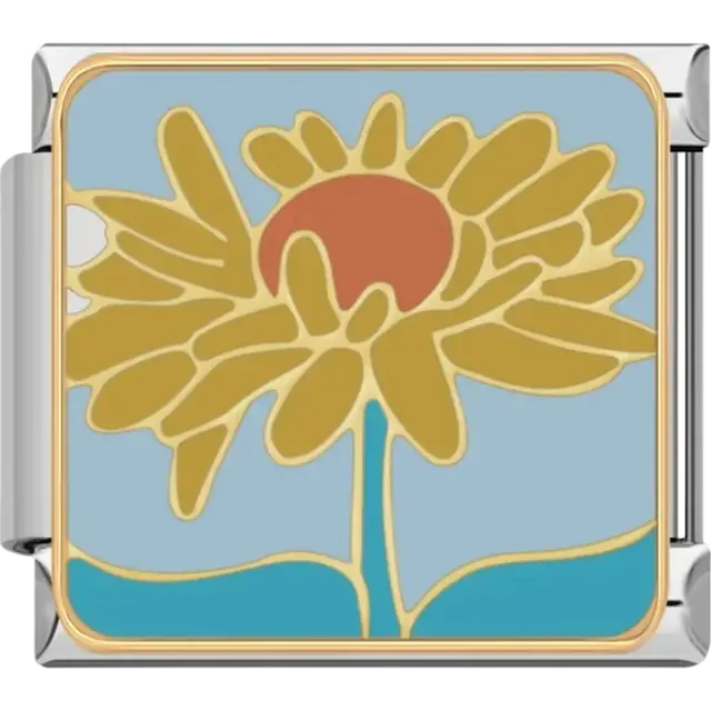 Yellow flower with an orange center and gold outlines Italian charm bracelet link
