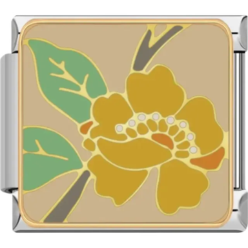 Yellow flower with green leaves and gold outlines Italian charm bracelet link