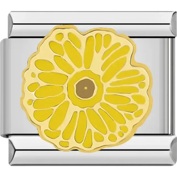 Yellow flower with detailed petal design and brown center Italian charm bracelet link
