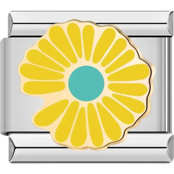 Yellow flower with a blue center and gold accents Italian charm bracelet link