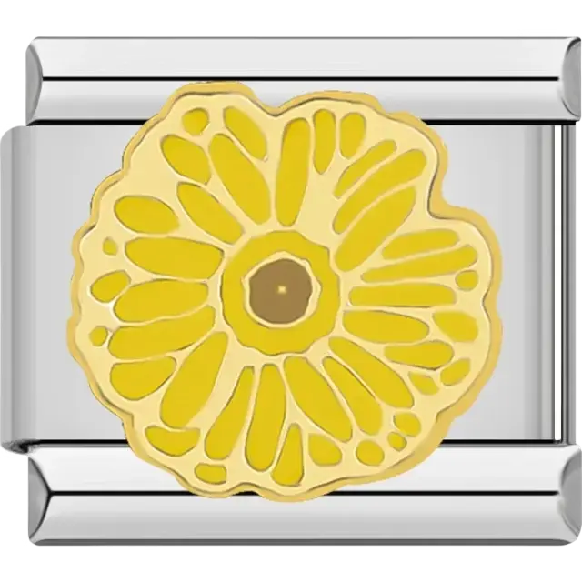 Yellow flower with detailed petal design and brown center Italian charm bracelet link