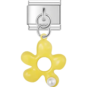 Yellow flower shape with pearl accent dangle Italian charm bracelet link