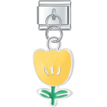 Yellow flower pendant with green leaves and silver accents Italian charm bracelet link