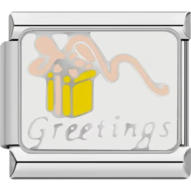 Yellow gift box design with pink ribbon and greetings text Italian charm bracelet link