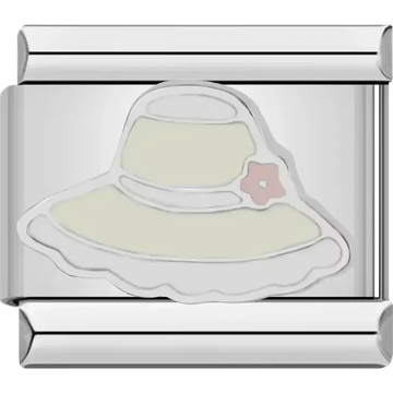 Yellow hat design with a pink flower accent Italian charm bracelet link