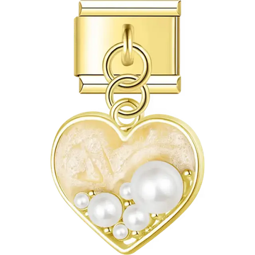 Gold outline heart with yellow enamel and assorted pearls dangle Italian charm bracelet link